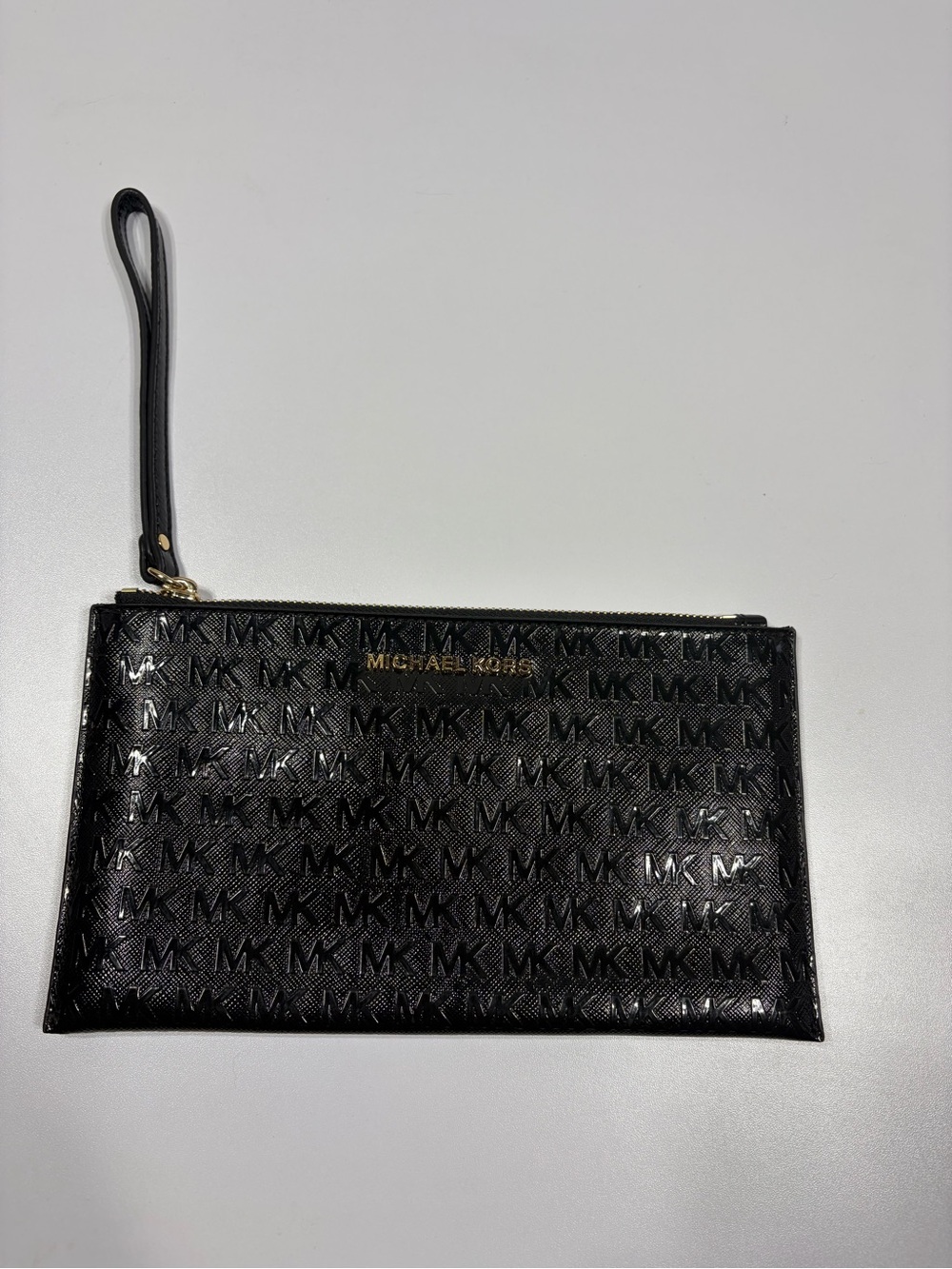 Michael Kors Jet Set Large Zip Clutch Wristlet Black Patent MK Logo